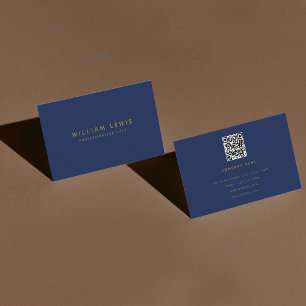 Navy Blue & Gold Modern Minimalist QR Code Business Card