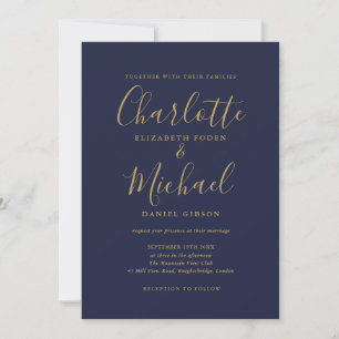 Navy Blue Gold Modern Minimalist Wedding Invitation