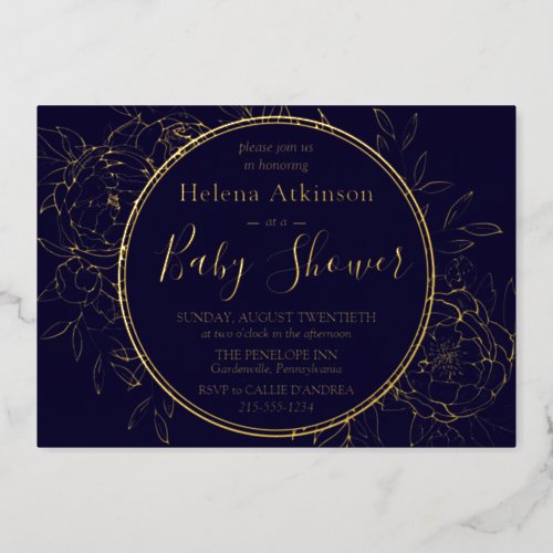 Navy Blue  Gold Modern Peony Toile Baby Shower Foil Invitation