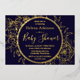 Navy Blue & Gold Modern Peony Toile Baby Shower Foil Invitation