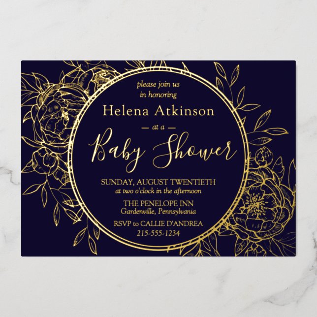 Navy Blue & Gold Modern Peony Toile Baby Shower Foil Invitation (Front)