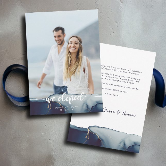 Navy Blue Gold Modern Photo Elopement Announcement (modern beach elopement photo announcement navy blue watercolor elegant bohemian romantic classy)