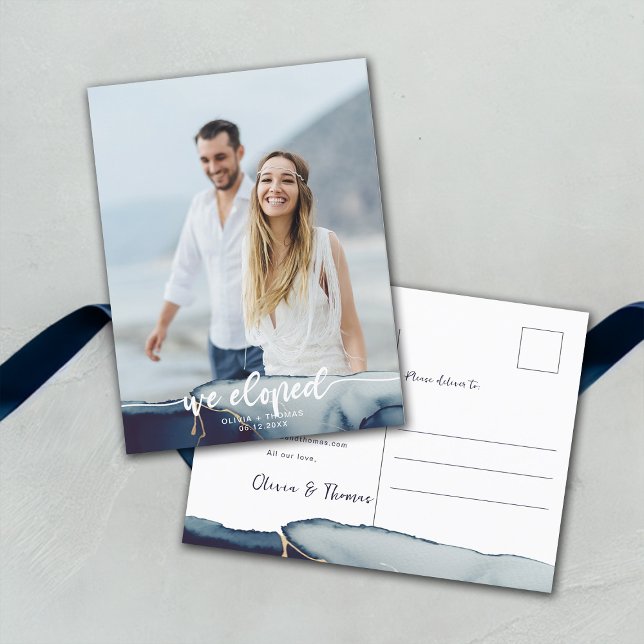 Navy Blue Gold Modern Photo Elopement Announcement Postcard (navy blue elopement wedding announcement postcard modern minimalist simple watercolor gold elegant)
