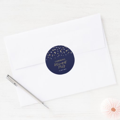 Navy Blue & Gold | Modern Retirement Party Favor Classic Round Sticker ...