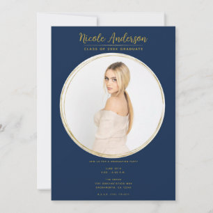 Navy Blue Gold Modern Round Photo Graduation Party Invitation