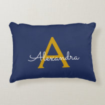 Navy Blue Gold Modern Script Girly Monogram Name Accent Pillow