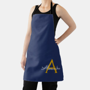 Navy Blue Gold Modern Script Girly Monogram Name Apron