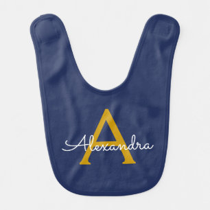 Navy Blue Gold Modern Script Girly Monogram Name Baby Bib