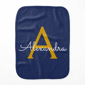 Navy Blue Gold Modern Script Girly Monogram Name Baby Burp Cloth
