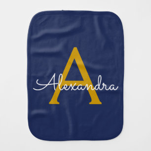 Navy Blue Gold Modern Script Girly Monogram Name Baby Burp Cloth