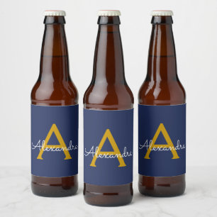 Navy Blue Gold Modern Script Girly Monogram Name Beer Bottle Label