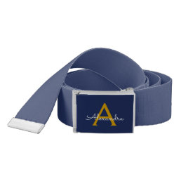 Navy Blue Gold Modern Script Girly Monogram Name Belt