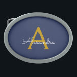 Navy Blue Gold Modern Script Girly Monogram Name Belt Buckle<br><div class="desc">Navy Blue and Gold Simple Script Monogram Name Belt Buckle. This makes the perfect graduation,  sweet 16 16th,  18th,  21st,  30th,  40th,  50th,  60th,  70th,  80th,  90th,  100th birthday,  wedding,  bridal shower,  anniversary,  baby shower or bachelorette party gift for someone that loves glam luxury and chic styles.</div>