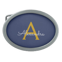 Navy Blue Gold Modern Script Girly Monogram Name Belt Buckle