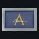 Navy Blue Gold Modern Script Girly Monogram Name Belt Buckle<br><div class="desc">Navy Blue and Gold Simple Script Monogram Name Belt Buckle. This makes the perfect graduation,  sweet 16 16th,  18th,  21st,  30th,  40th,  50th,  60th,  70th,  80th,  90th,  100th birthday,  wedding,  bridal shower,  anniversary,  baby shower or bachelorette party gift for someone that loves glam luxury and chic styles.</div>