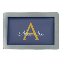 Navy Blue Gold Modern Script Girly Monogram Name Belt Buckle