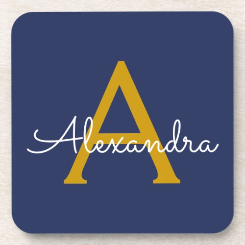 Navy Blue Gold Modern Script Girly Monogram Name Beverage Coaster