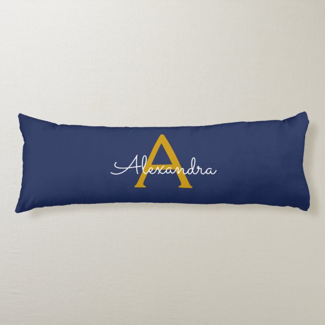 Navy Blue Gold Modern Script Girly Monogram Name Body Pillow (Front)