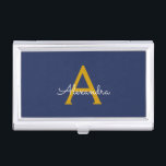 Navy Blue Gold Modern Script Girly Monogram Name Business Card Case<br><div class="desc">Navy Blue and Gold Simple Script Monogram Name Business Card Holder. This makes the perfect sweet 16 birthday,  wedding,  bridal shower,  anniversary,  baby shower or bachelorette party gift for someone that loves glam luxury and chic styles.</div>