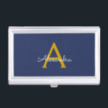 Navy Blue Gold Modern Script Girly Monogram Name Business Card Case<br><div class="desc">Navy Blue and Gold Simple Script Monogram Name Business Card Holder. This makes the perfect sweet 16 birthday,  wedding,  bridal shower,  anniversary,  baby shower or bachelorette party gift for someone that loves glam luxury and chic styles.</div>