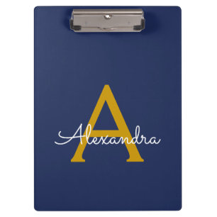Navy Blue Gold Modern Script Girly Monogram Name Clipboard