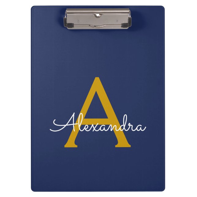 Navy Blue Gold Modern Script Girly Monogram Name Clipboard (Front)