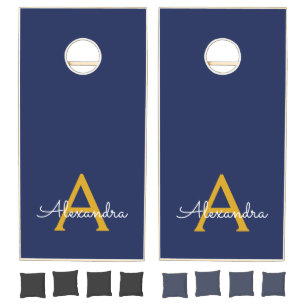 Navy Blue Gold Modern Script Girly Monogram Name Cornhole Set