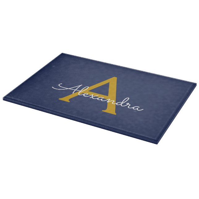 Discover Navy Blue Gold Modern Script Girly Monogram Name Cutting Board