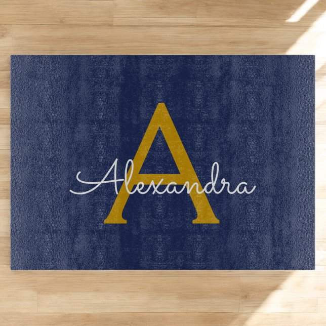 Navy Blue Gold Modern Script Girly Monogram Name Cutting Board (Creator Uploaded)