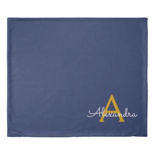Navy Blue Gold Modern Script Girly Monogram Name Duvet Cover