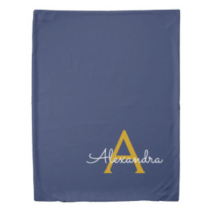 Navy Blue Gold Modern Script Girly Monogram Name Duvet Cover
