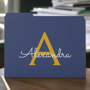 Navy Blue Gold Modern Script Girly Monogram Name File Folder