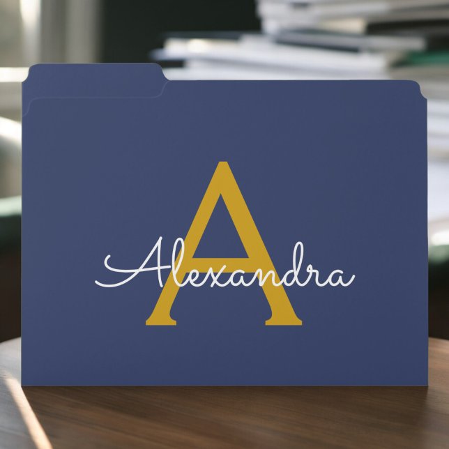 Navy Blue Gold Modern Script Girly Monogram Name File Folder (Creator Uploaded)