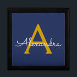 Navy Blue Gold Modern Script Girly Monogram Name Gift Box<br><div class="desc">Navy Blue and Gold Simple script Monogram Name Jewelry Keepsake Box. This makes the perfect graduation,  birthday,  wedding,  bridal shower,  anniversary,  baby shower or bachelorette party gift for someone that loves glam luxury and chic styles.</div>
