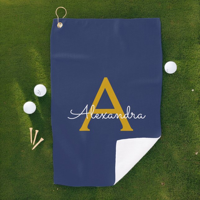 Navy Blue Gold Modern Script Girly Monogram Name Golf Towel (Creator Uploaded)