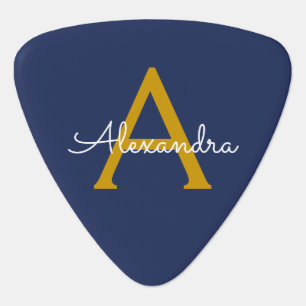 Navy Blue Gold Modern Script Girly Monogram Name Guitar Pick