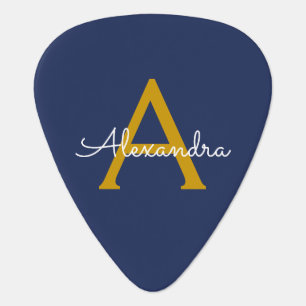 Navy Blue Gold Modern Script Girly Monogram Name Guitar Pick