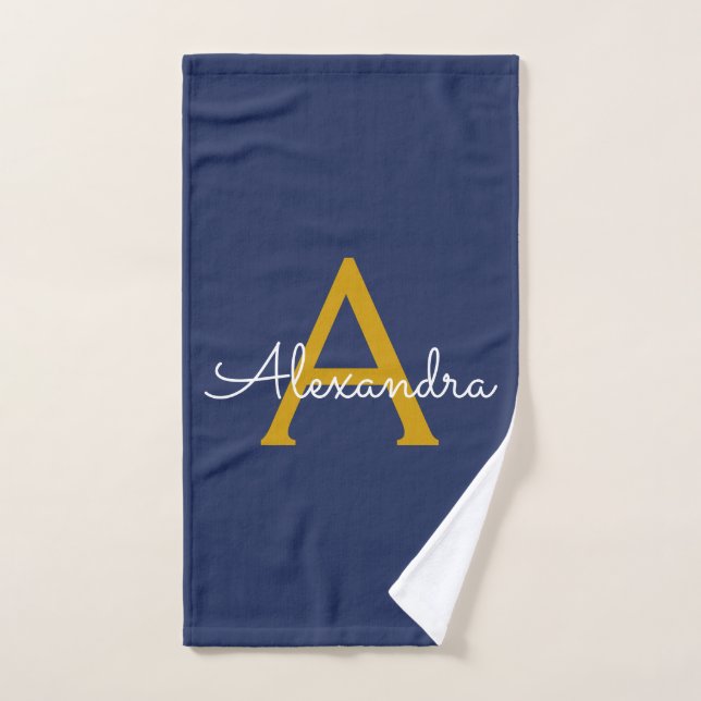 Navy Blue Gold Modern Script Girly Monogram Name Hand Towel (Hand Towel)