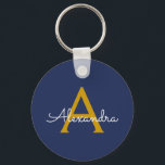 Navy Blue Gold Modern Script Girly Monogram Name Keychain<br><div class="desc">Navy Blue and Gold Simple Script Monogram Name Keychains (Key Chain). This makes the perfect sweet 16 birthday,  wedding,  bridal shower,  anniversary,  baby shower or bachelorette party gift for someone that loves glam luxury and chic styles.</div>