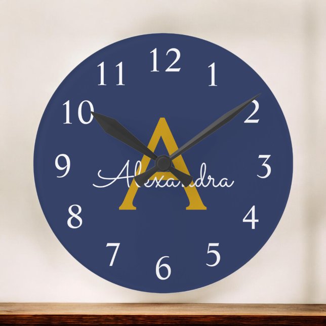 Navy Blue Gold Modern Script Girly Monogram Name Large Clock (Creator Uploaded)