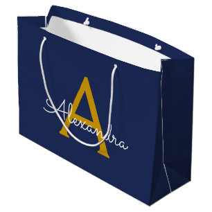 Navy Blue Gold Modern Script Girly Monogram Name Large Gift Bag