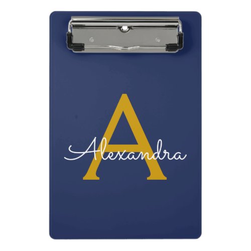 Navy Blue Gold Modern Script Girly Monogram Name Mini Clipboard