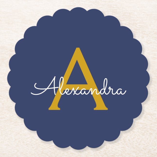 Navy Blue Gold Modern Script Girly Monogram Name Paper Coaster (Front)