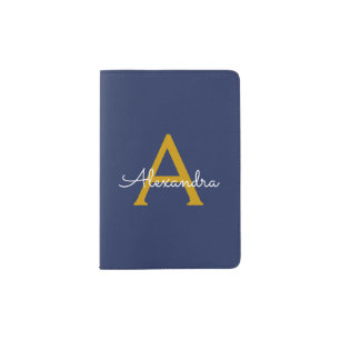 Navy Blue Gold Modern Script Girly Monogram Name Passport Holder