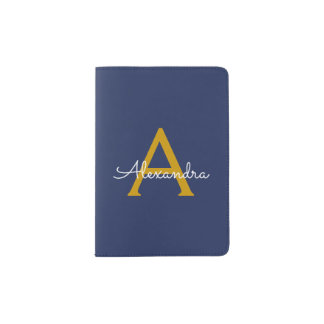 Navy Blue Gold Modern Script Girly Monogram Name Passport Holder
