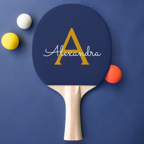 Navy Blue Gold Modern Script Girly Monogram Name Ping Pong Paddle