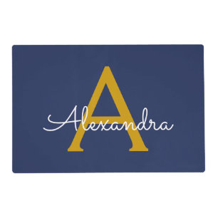 Navy Blue Gold Modern Script Girly Monogram Name Placemat