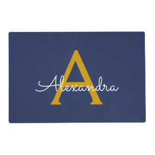Navy Blue Gold Modern Script Girly Monogram Name Placemat