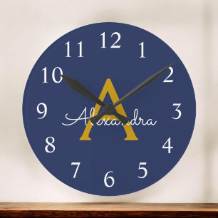 Navy Blue Gold Modern Script Girly Monogram Name Round Clock