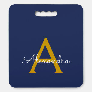 Navy Blue Gold Modern Script Girly Monogram Name Seat Cushion